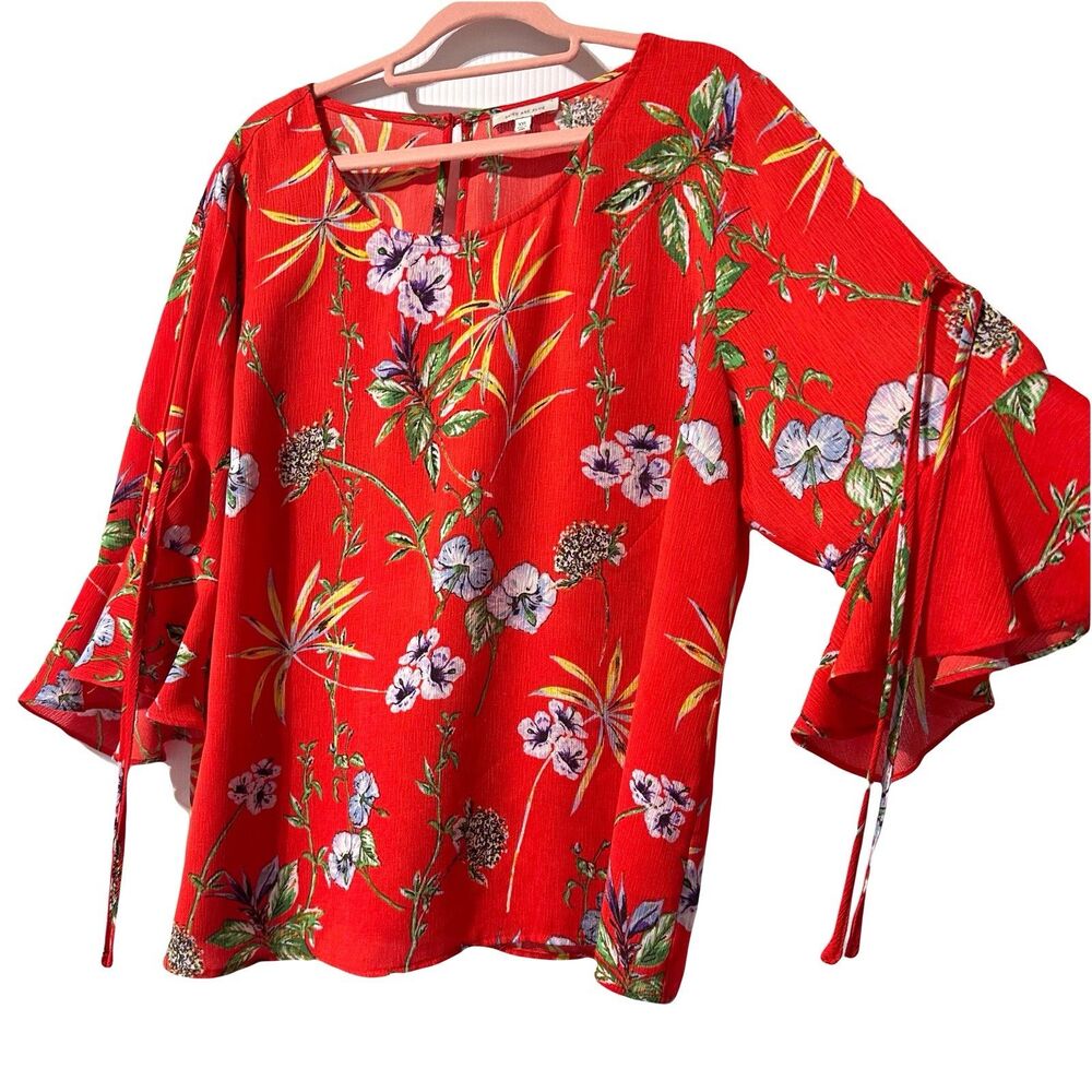 Skies Are Blue Womens Bright Floral Tropical Blouse Bell Tie Sleeve Size XXL 2XL